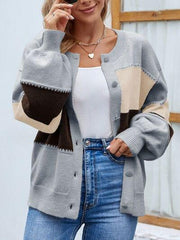 Color Block Button Up Lantern Sleeve Cardigan - Trendsi