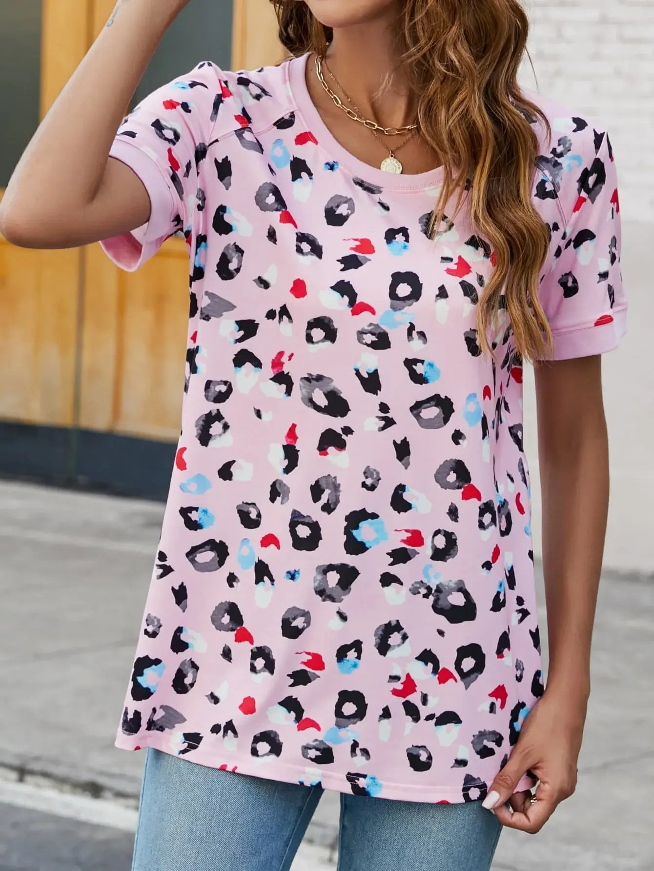 Leopard Round Neck Short Sleeve Tee Shirt - Trendsi - Flyclothing LLC