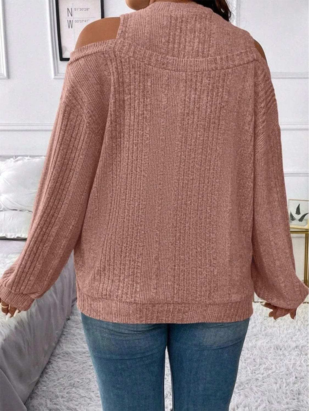 Round Neck Cold Shoulder Sweater - Trendsi - Flyclothing LLC