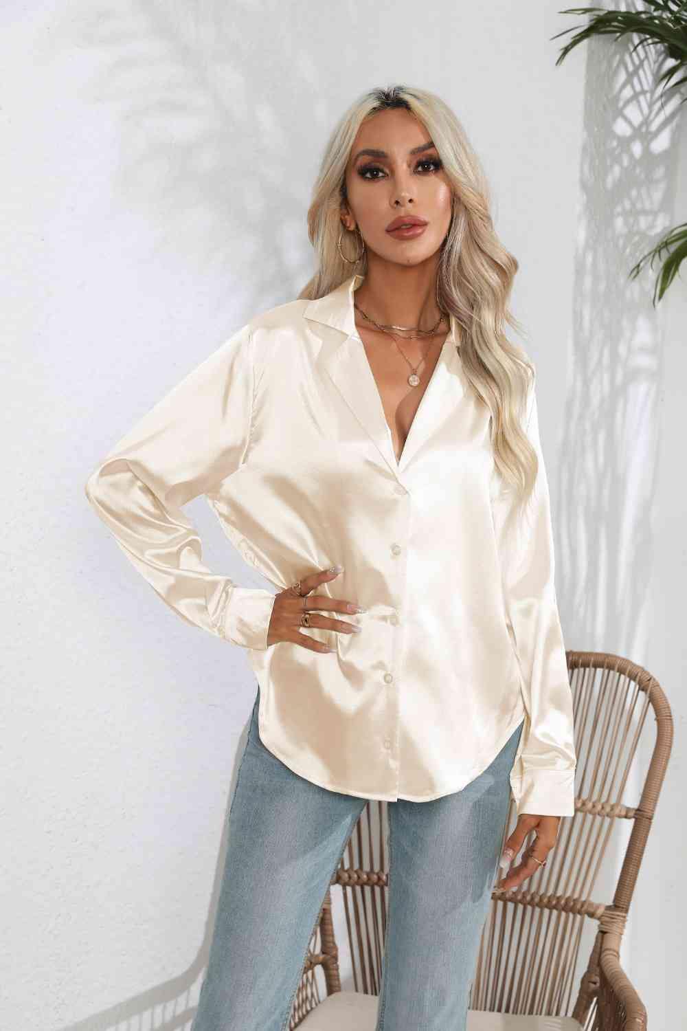 Lapel Collar Button Up Long Sleeve Shirt - Trendsi