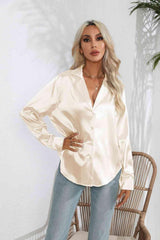 Lapel Collar Button Up Long Sleeve Shirt - Trendsi