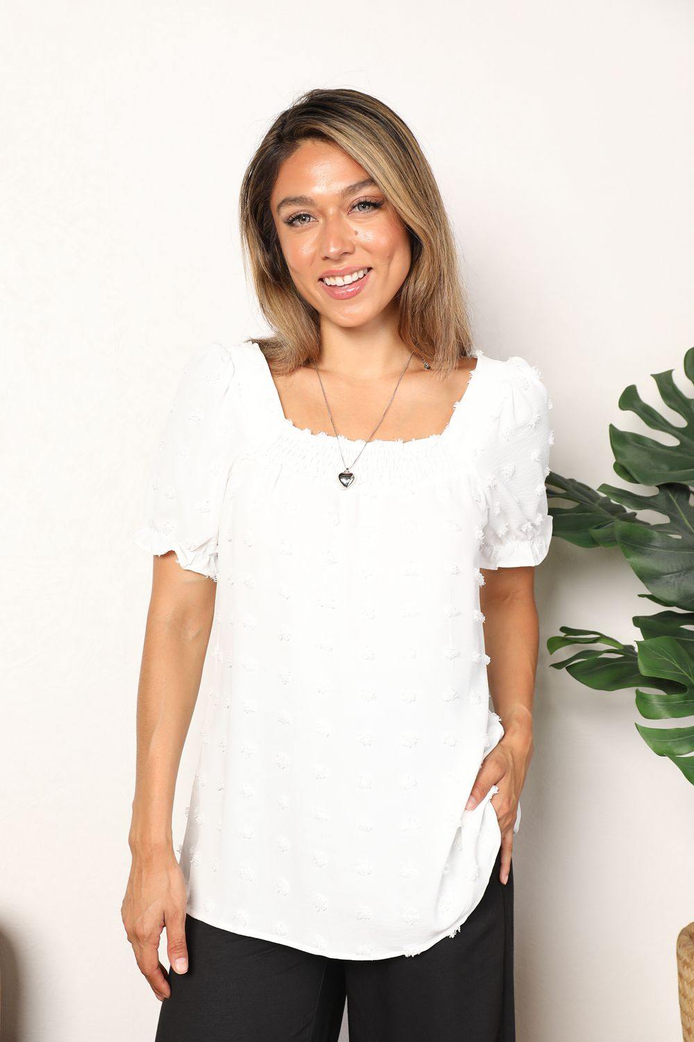 Double Take Swiss Dot Puff Sleeve Square Neck Blouse - Trendsi