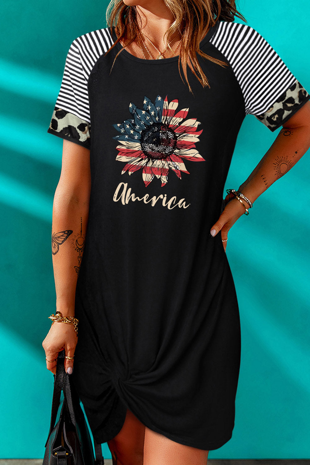 AMERICA US Flag Flower Graphic Twisted Dress