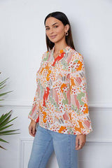 Floral Frill Notched Long Sleeve Blouse - Trendsi