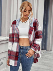 Plaid Hooded Jacket with Pockets - Trendsi