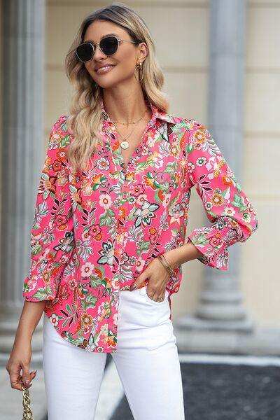 Floral Button Up Flounce Sleeve Shirt - Trendsi - Flyclothing LLC