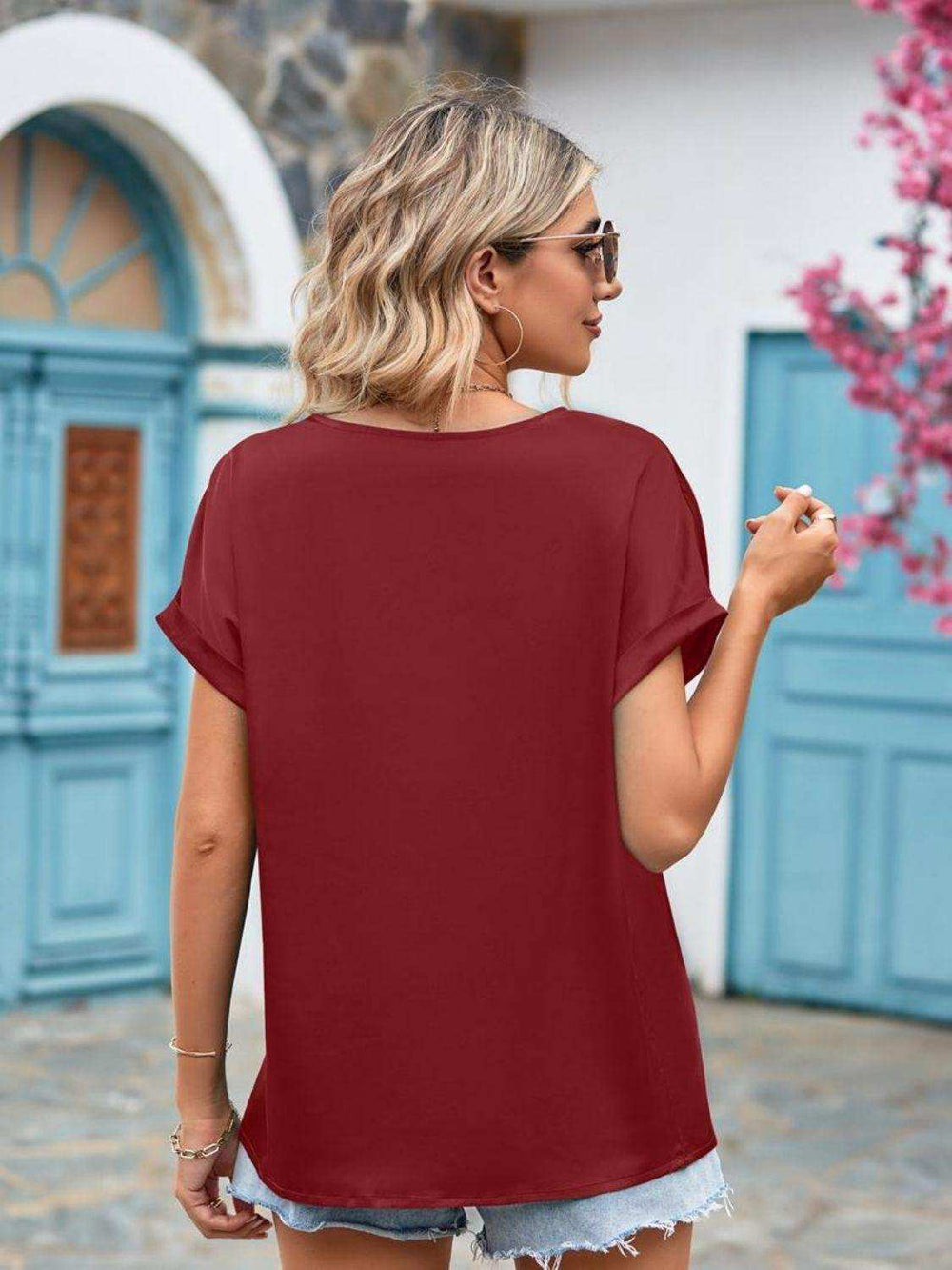 V-Neck Cuffed Blouse - Trendsi - Flyclothing LLC