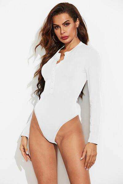 Half Button Round Neck Long Sleeve Bodysuit - Trendsi - Flyclothing LLC