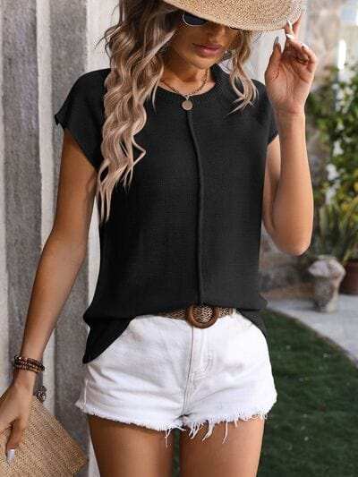 Rolled Cap Sleeve Round Neck Sweater Vest - Trendsi - Flyclothing LLC