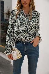 Printed Tie Neck Frill Trim Flounce Sleeve Blouse - Trendsi - Flyclothing LLC