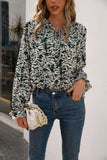 Printed Tie Neck Frill Trim Flounce Sleeve Blouse - Trendsi - Flyclothing LLC