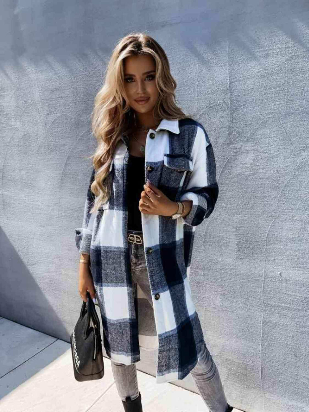 Plaid Collared Neck Longline Shirt - Trendsi - Flyclothing LLC