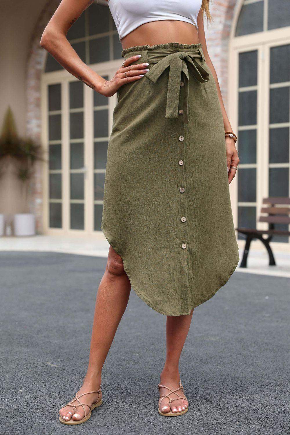 Tie Belt Frill Trim Buttoned Skirt - Trendsi - Flyclothing LLC