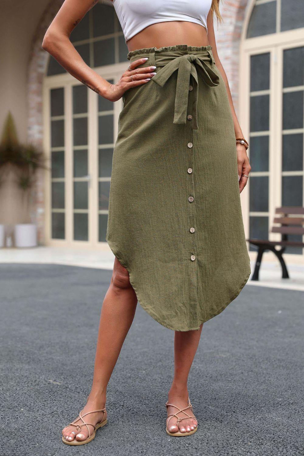 Tie Belt Frill Trim Buttoned Skirt - Trendsi