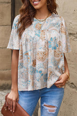 Printed Round Neck Short Sleeve Blouse - Trendsi