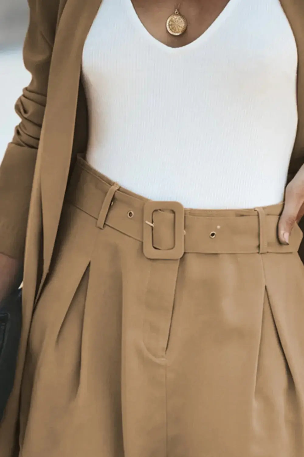 Longline Blazer and Shorts Set with Pockets - Trendsi - Flyclothing LLC