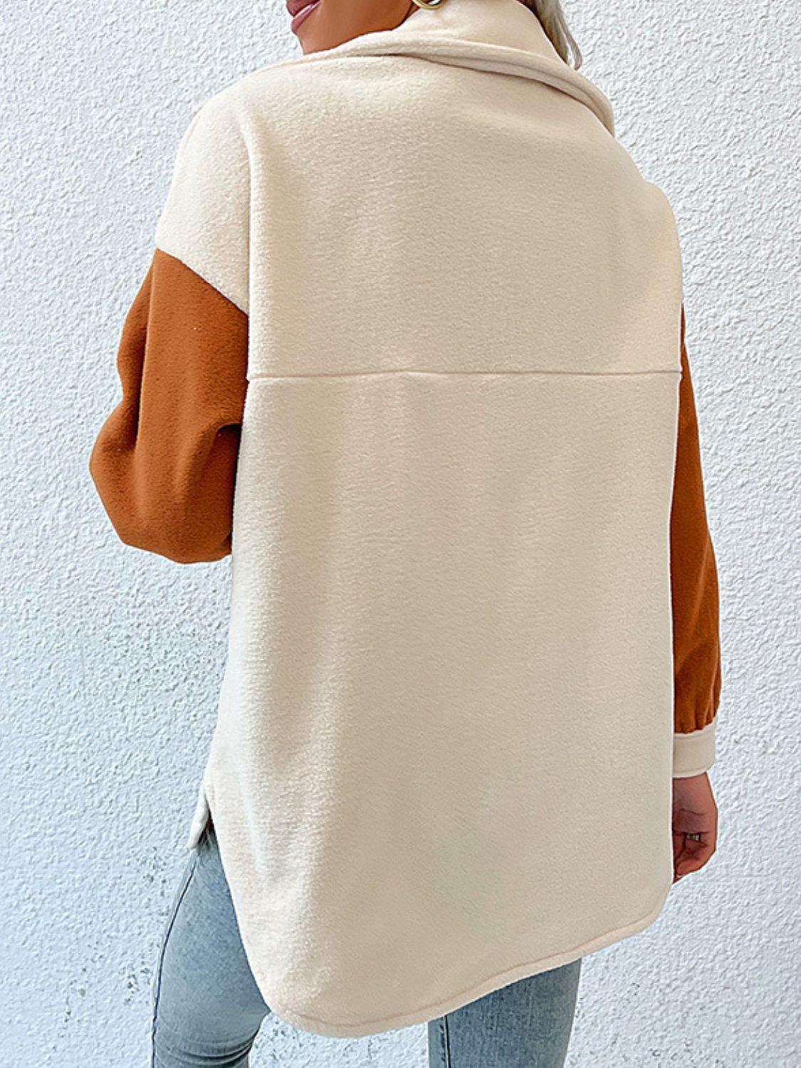 Contrast Button-Up Fleece Jacket - Trendsi