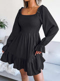 Smocked Flounce Sleeve Square Neck Dress - Trendsi - Flyclothing LLC