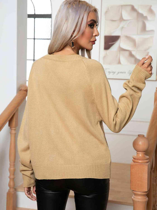 Cable-Knit Long Sleeve Sweater - Trendsi