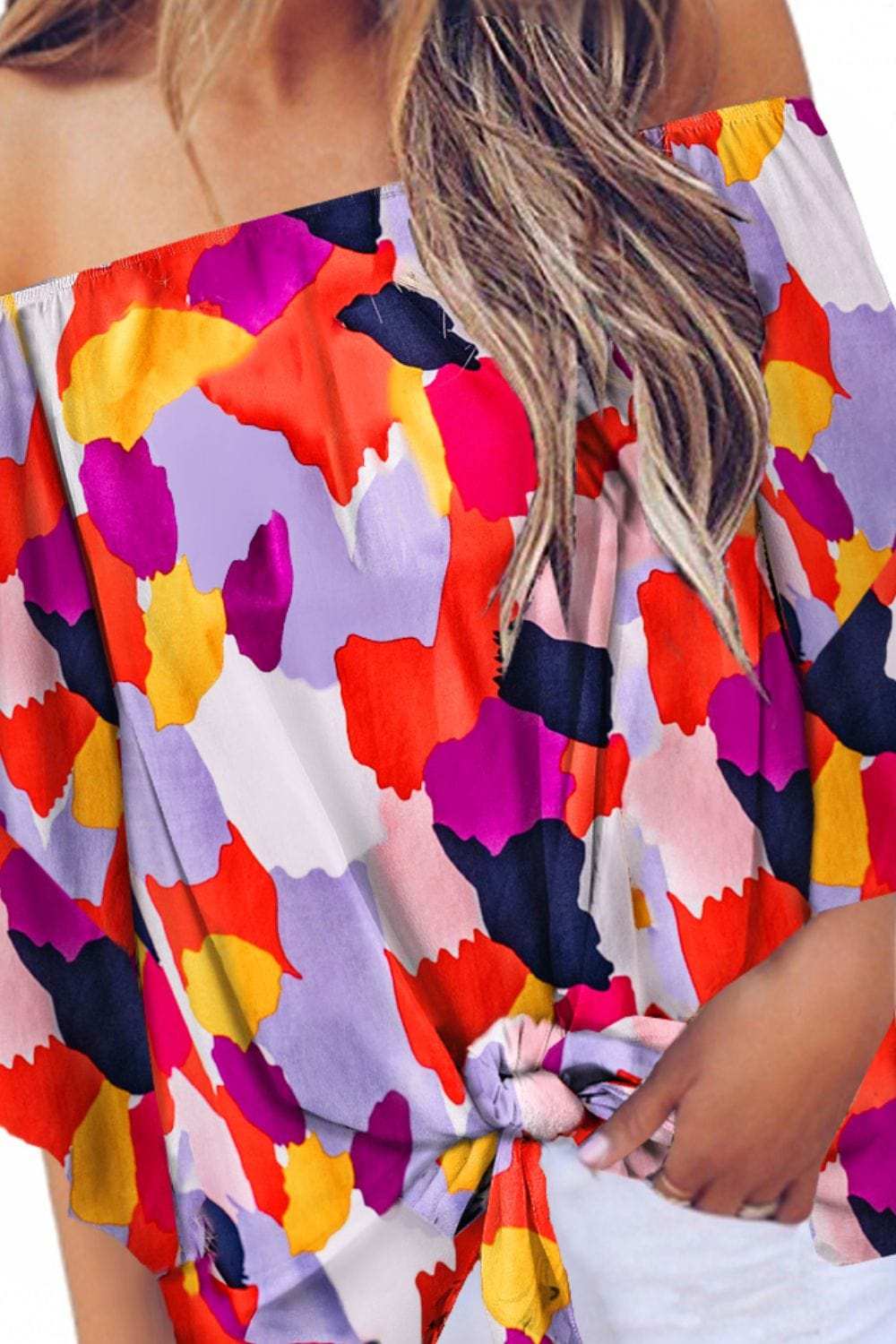 Tied Printed Off-Shoulder Half Sleeve Blouse - Trendsi - Flyclothing LLC