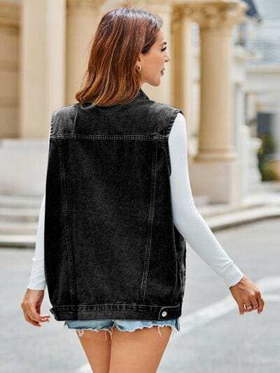 Pocketed Button Up Sleeveless Denim Jacket - Trendsi - Flyclothing LLC