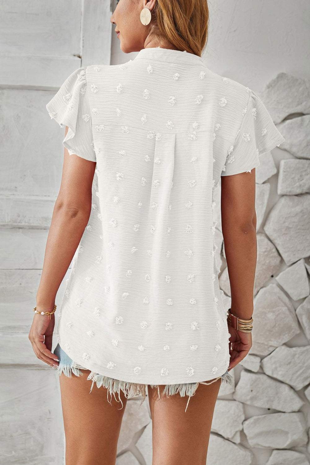 Swiss Dot Notched Cap Sleeve T-Shirt - Trendsi - Flyclothing LLC