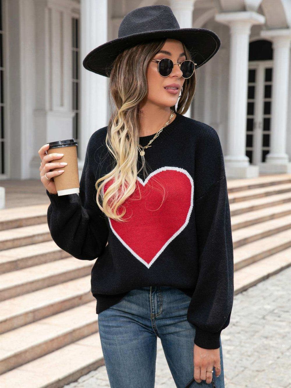 Heart Graphic Round Neck Sweater - Trendsi - Flyclothing LLC