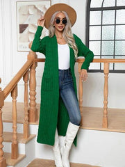 Cable-Knit Open Front Cardigan with Pockets - Trendsi