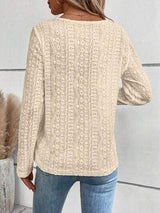 Openwork Half Button Long Sleeve Blouse - Trendsi - Flyclothing LLC