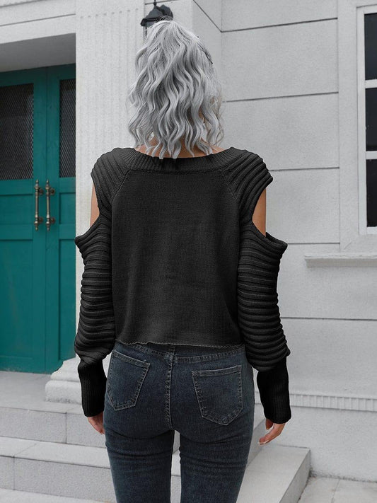 Cold-Shoulder Ribbed Trim Sweater - Trendsi