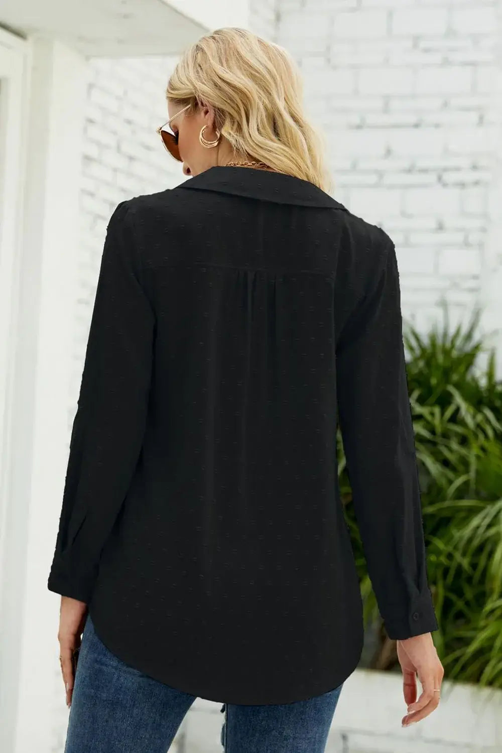 Swiss Dot Johnny Collar Blouse - Trendsi - Flyclothing LLC