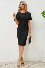 Slit Round Neck Flutter Sleeve Dress - Flyclothing LLC