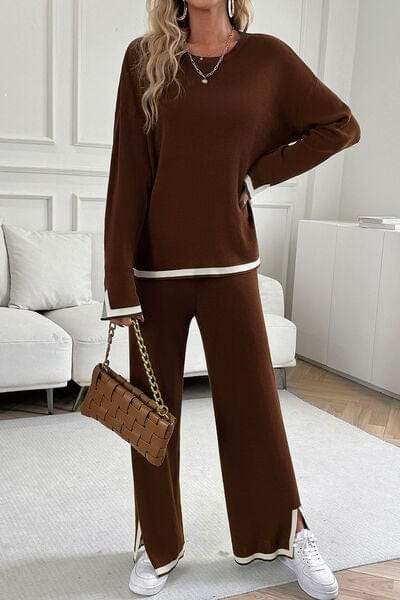 Contrast Trim Round Neck Top and Pants Set - Trendsi - Flyclothing LLC