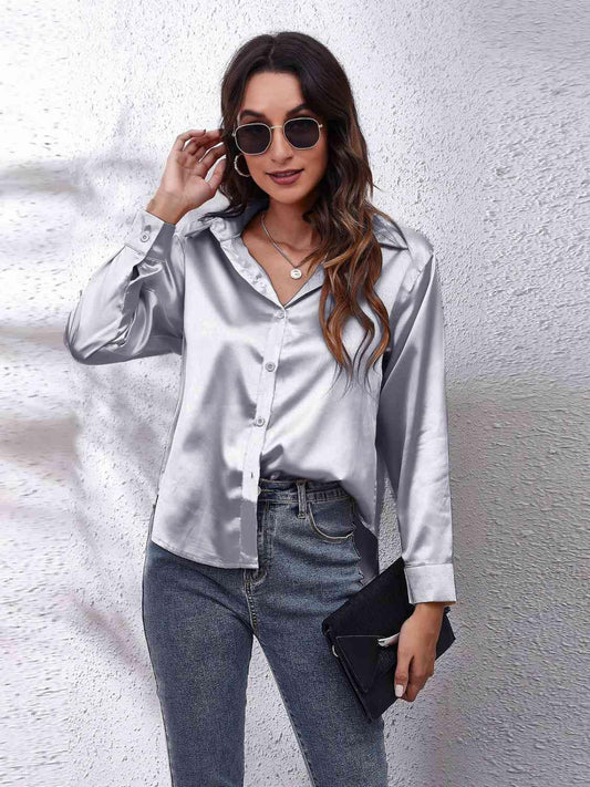 Collared Neck Buttoned Long Sleeve Shirt - Trendsi