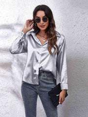 Collared Neck Buttoned Long Sleeve Shirt - Trendsi