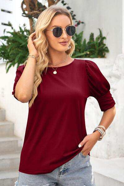 Round Neck Lantern Sleeve Blouse - Trendsi - Flyclothing LLC