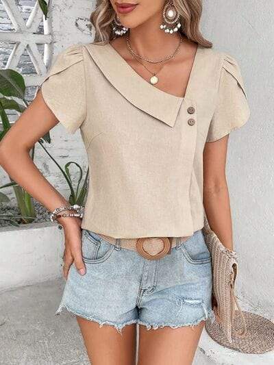 Decorative Button Asymmetrical Neck Blouse - Trendsi - Flyclothing LLC