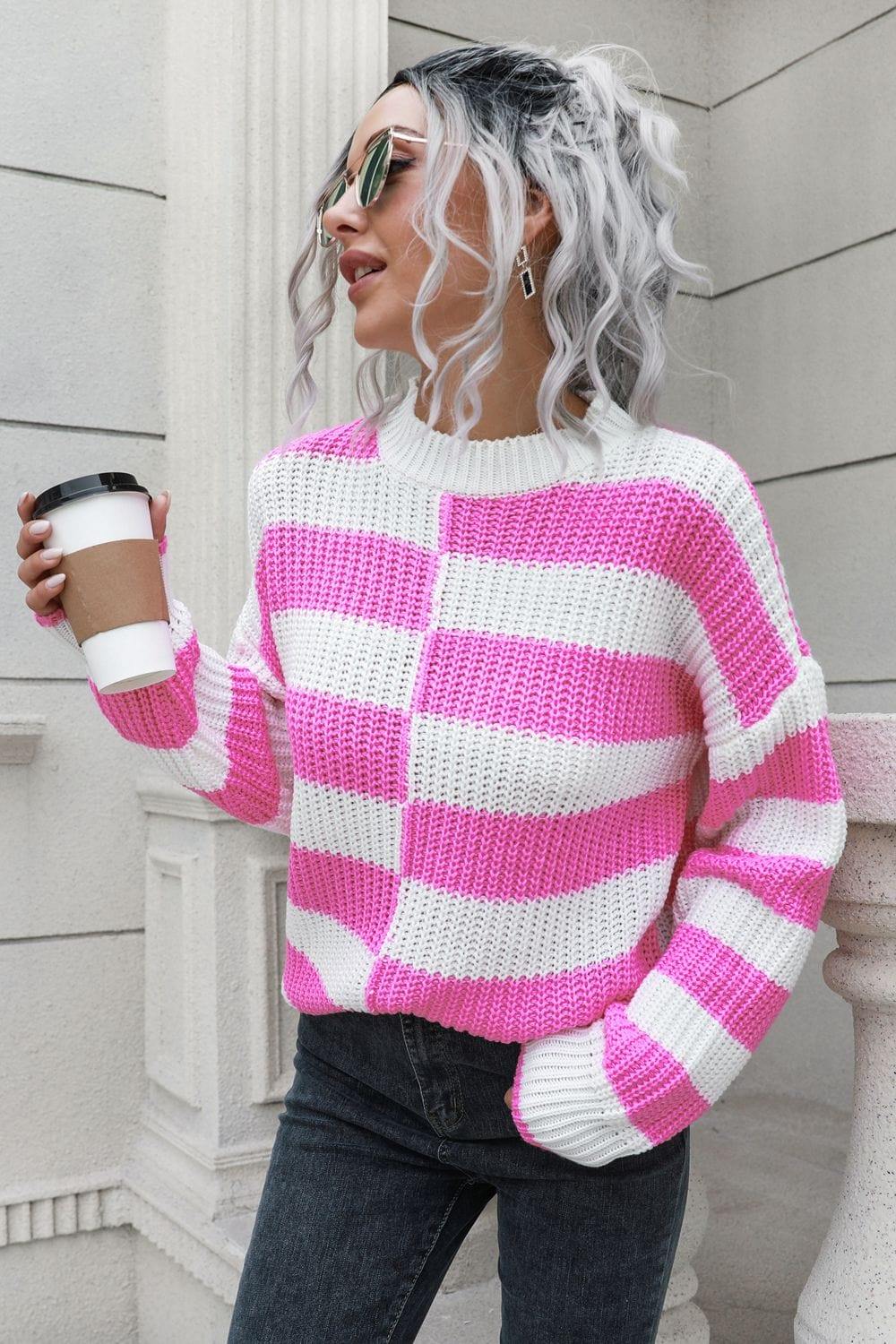 Color Block Dropped Shoulder Sweater - Trendsi