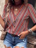 Printed V-Neck Button-Up Short Sleeve Top - Trendsi
