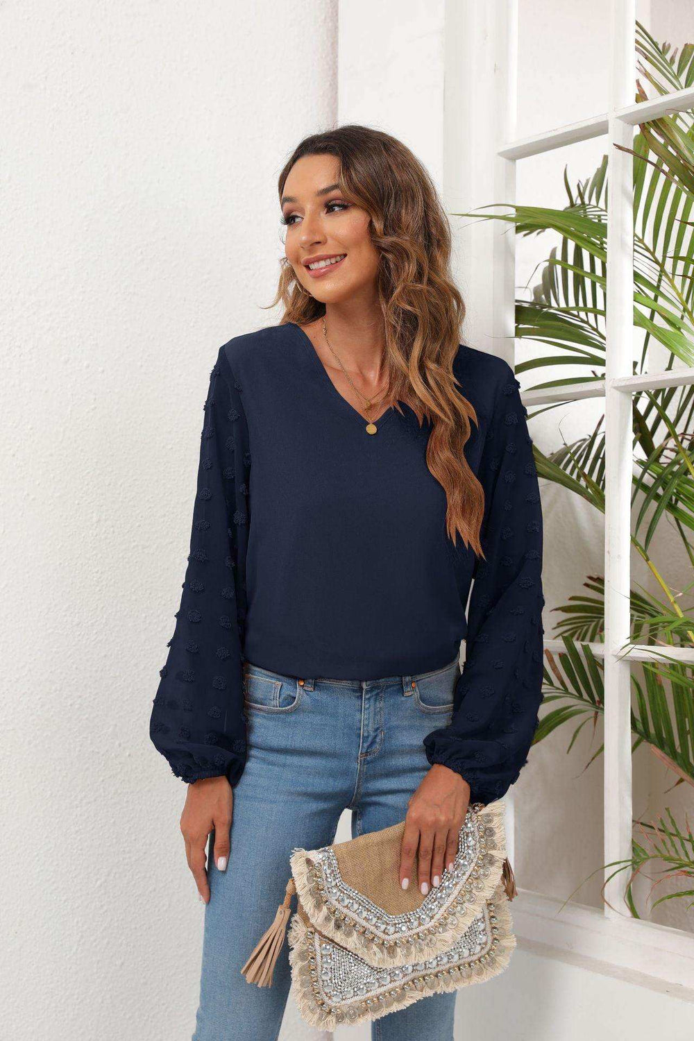Swiss Dot Balloon Sleeve Blouse - Trendsi - Flyclothing LLC