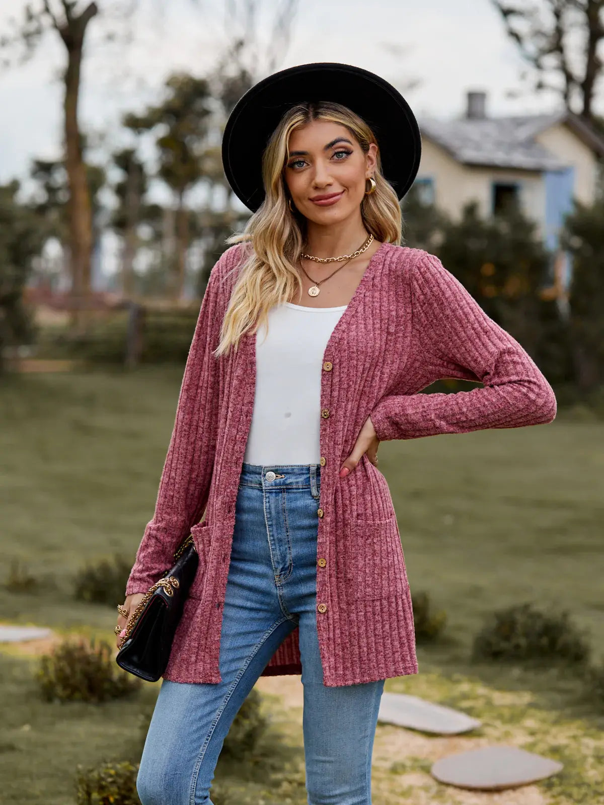 Ribbed Button-UP Caradigan with Pockets - Trendsi - Flyclothing LLC