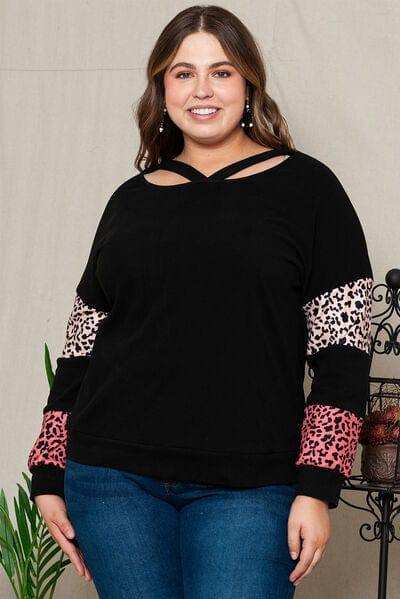Plus Size Leopard Dropped Shoulder Long Sleeve T-Shirt - Trendsi - Flyclothing LLC