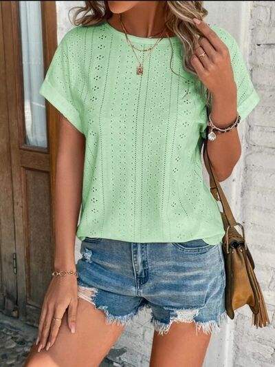 Eyelet Round Neck Short Sleeve T-Shirt - Trendsi - Flyclothing LLC