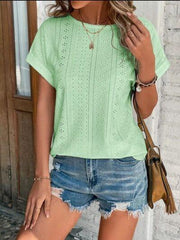 Eyelet Round Neck Short Sleeve T-Shirt - Trendsi