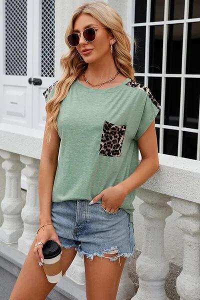 Leopard Round Neck Cap Sleeve T-Shirt - Trendsi - Flyclothing LLC