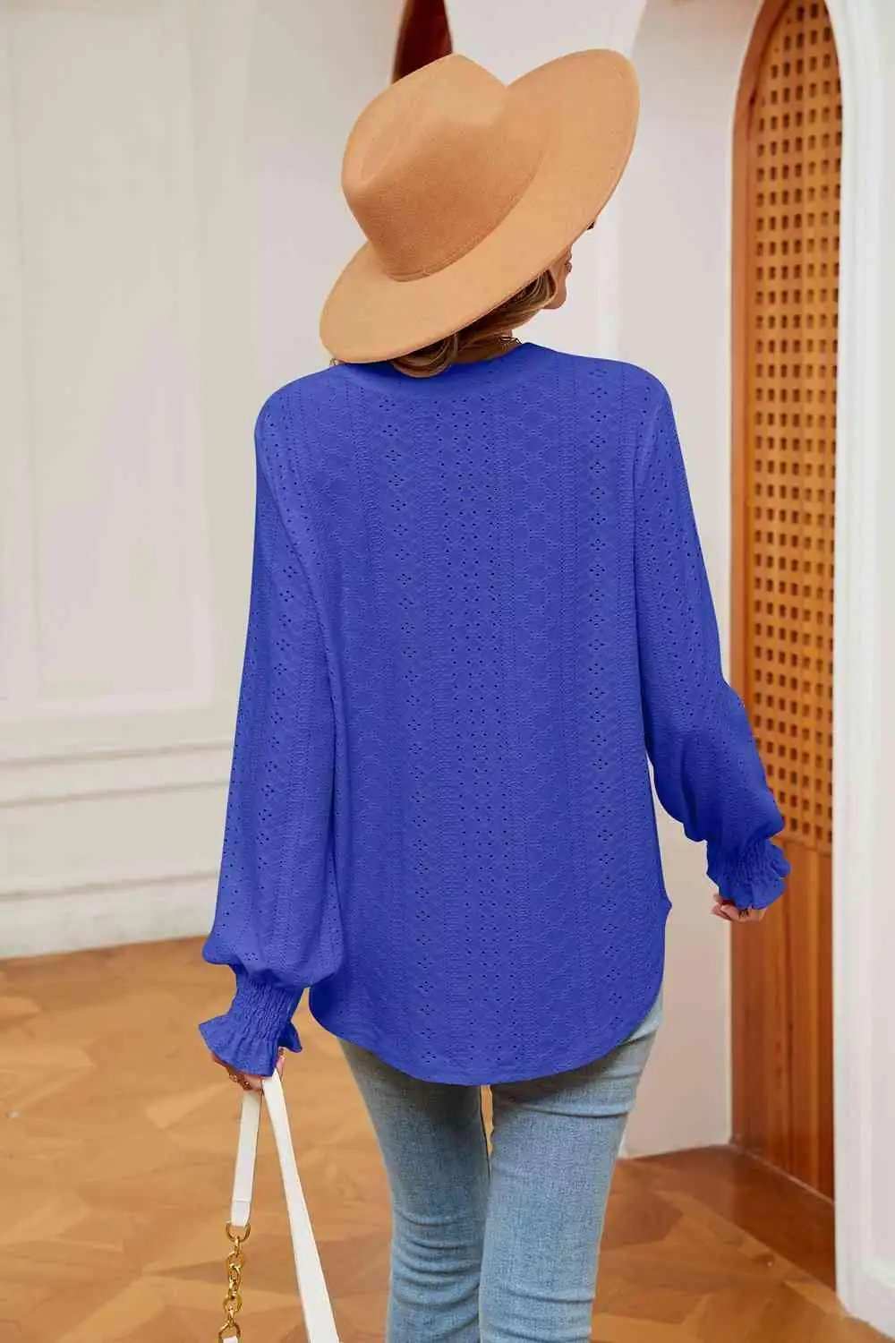 Notched Neck Flounce Sleeve Blouse - Trendsi - Flyclothing LLC