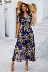 Smocked Floral V-Neck Short Sleeve Dress - Trendsi - Flyclothing LLC