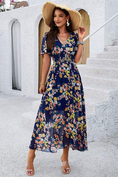 Smocked Floral V-Neck Short Sleeve Dress - Trendsi - Flyclothing LLC
