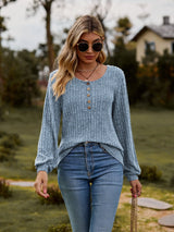 Round Neck Button-Down Long Sleeve Tee - Trendsi - Flyclothing LLC