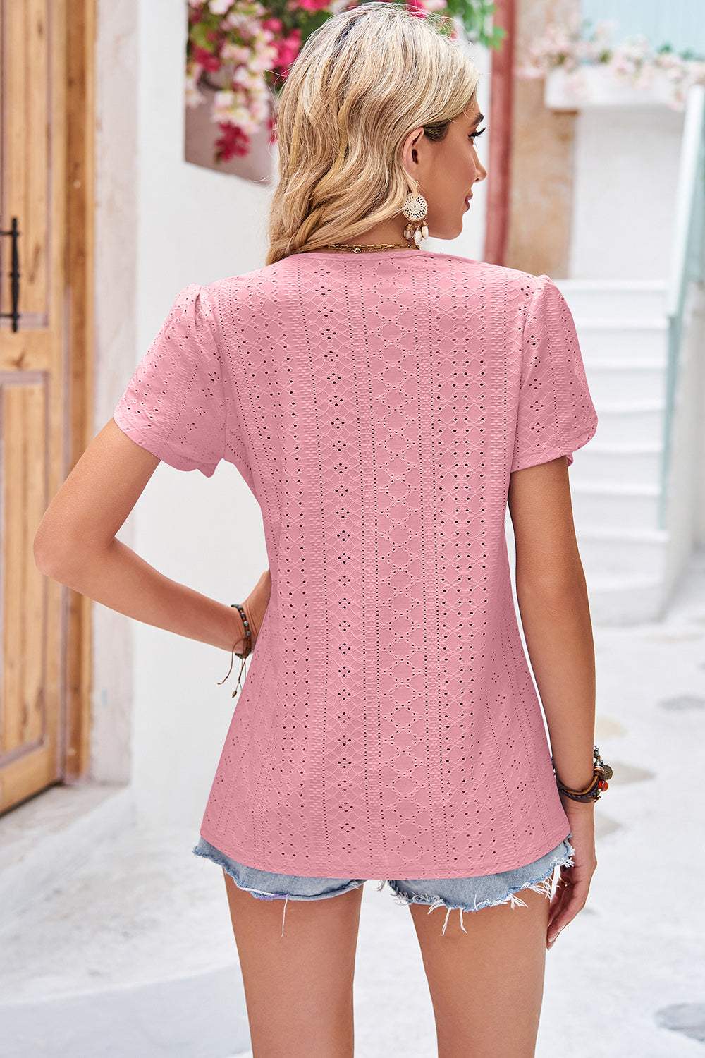 Eyelet V-Neck Petal Sleeve T-Shirt - Trendsi - Flyclothing LLC